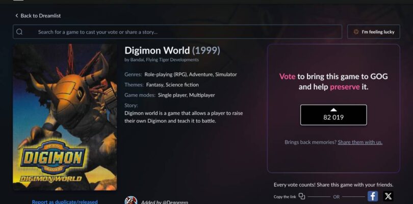Fradulent Digimon World GOG Dreamlist PC Votes Removed