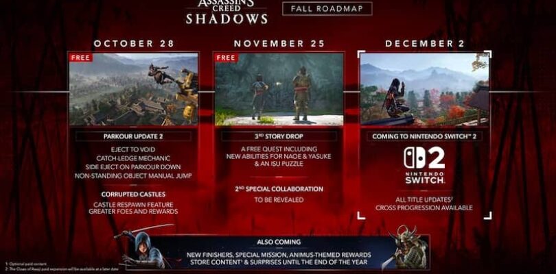 La hoja de ruta de Assassin’s Creed Shadows confirma la actualización 2 de Parkour para el 28 de octubre y la nueva Story Quest llegará en noviembre